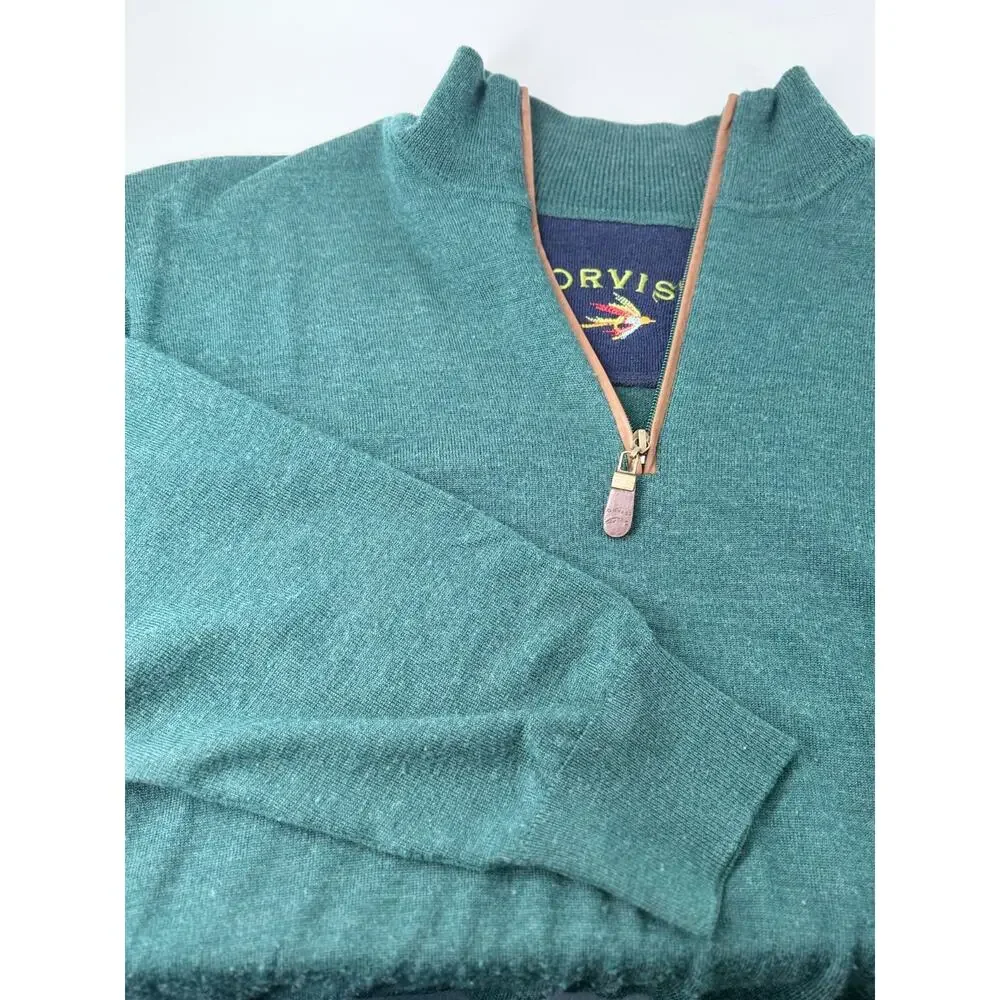 Orvis‎ 100% Merino Wool 1/4 Zip Sweater Men's XL Green Leather Trim Quiet Luxury